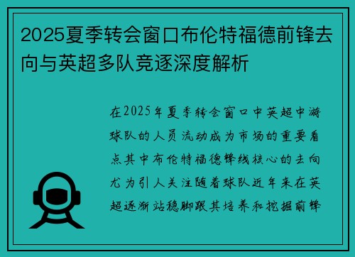 2025夏季转会窗口布伦特福德前锋去向与英超多队竞逐深度解析 2025夏季转会窗口布伦特福德前锋去向与英超多队竞逐深度解析