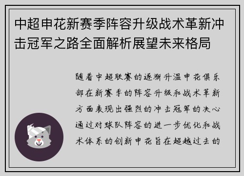 中超申花新赛季阵容升级战术革新冲击冠军之路全面解析展望未来格局 中超申花新赛季阵容升级战术革新冲击冠军之路全面解析展望未来格局