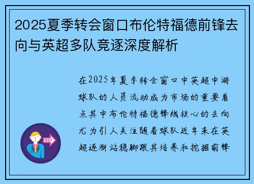 2025夏季转会窗口布伦特福德前锋去向与英超多队竞逐深度解析 2025夏季转会窗口布伦特福德前锋去向与英超多队竞逐深度解析