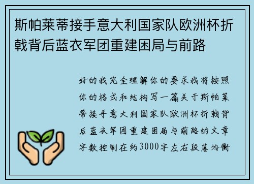 斯帕莱蒂接手意大利国家队欧洲杯折戟背后蓝衣军团重建困局与前路